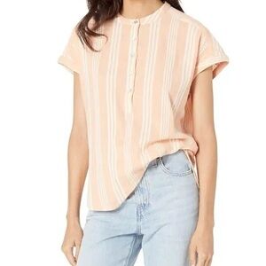 Faherty Dream Cotton Desmond Top, Sepia Stripe, Short Sleeve, Front Buttons, L